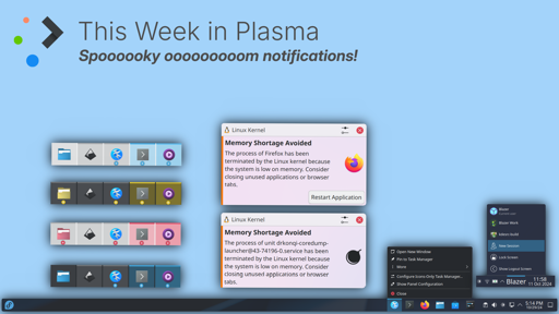 A composite image with screenshots of Plasma notifications and icons with different colored backgrounds.